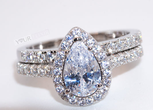 Anillo de bodas de plata de ley con halo en forma de lágrima