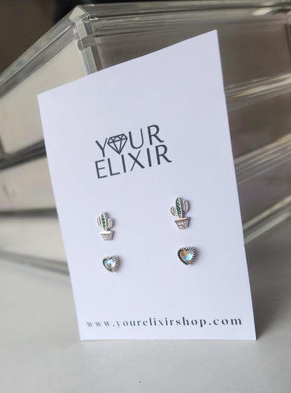 Bundle Sterling Silver Cactus + Heart Earrings