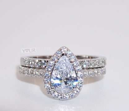 Anillo de bodas de plata de ley con halo en forma de lágrima