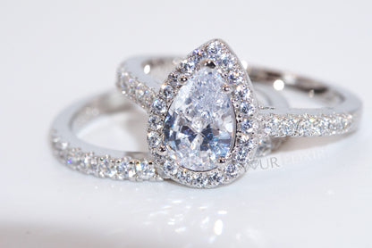 Anillo de bodas de plata de ley con halo en forma de lágrima